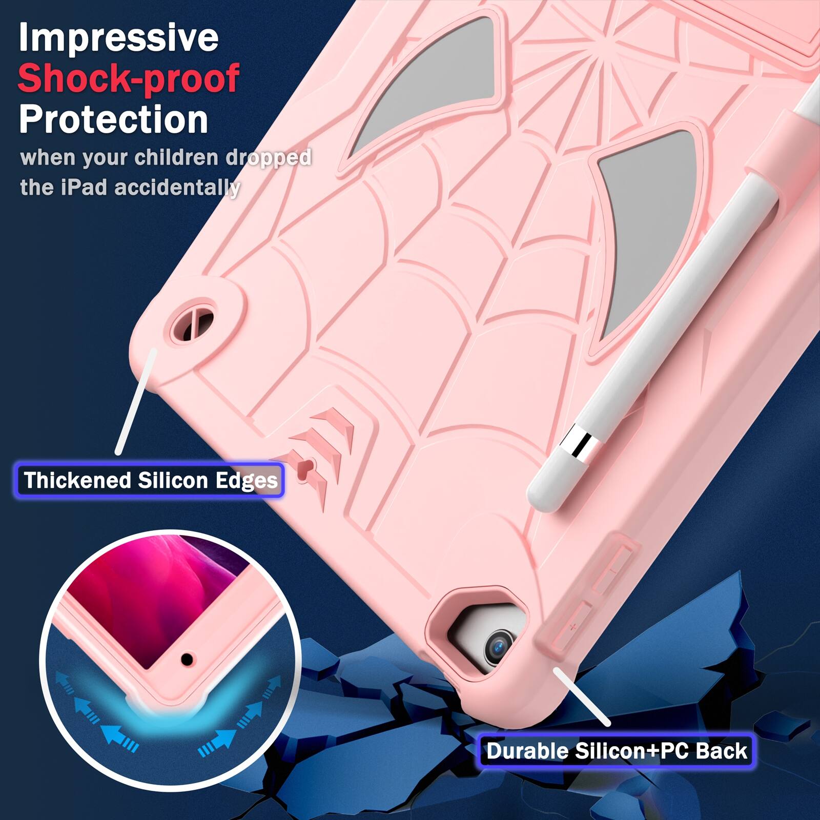 Impressive Shock-proof Protection when your children dropped the iPad accidentally

Thickened Silicon Edges

Durable Silicon+PC Back