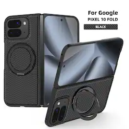 Dteck - Magnetic Carbon Fiber Pattern Case for Google Pixel 10 Pro Fold with Stand, Shockproof Rigid Plastic Faux Leather Cover - Black
