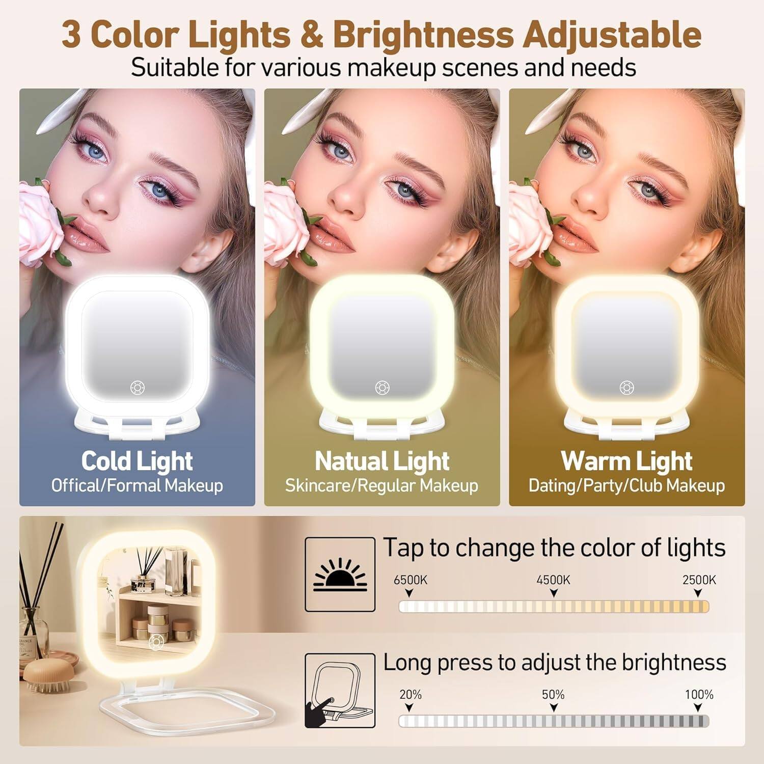 3 Color Lights & Brightness Adjustable  
Suitable for various makeup scenes and needs  

Cold Light  
Official/Formal Makeup  

Natural Light  
Skincare/Regular Makeup  

Warm Light  
Dating/Party/Club Makeup  

Tap to change the color of lights  
6500K 4500K 2500K  

Long press to adjust the brightness  
20% 50% 100%