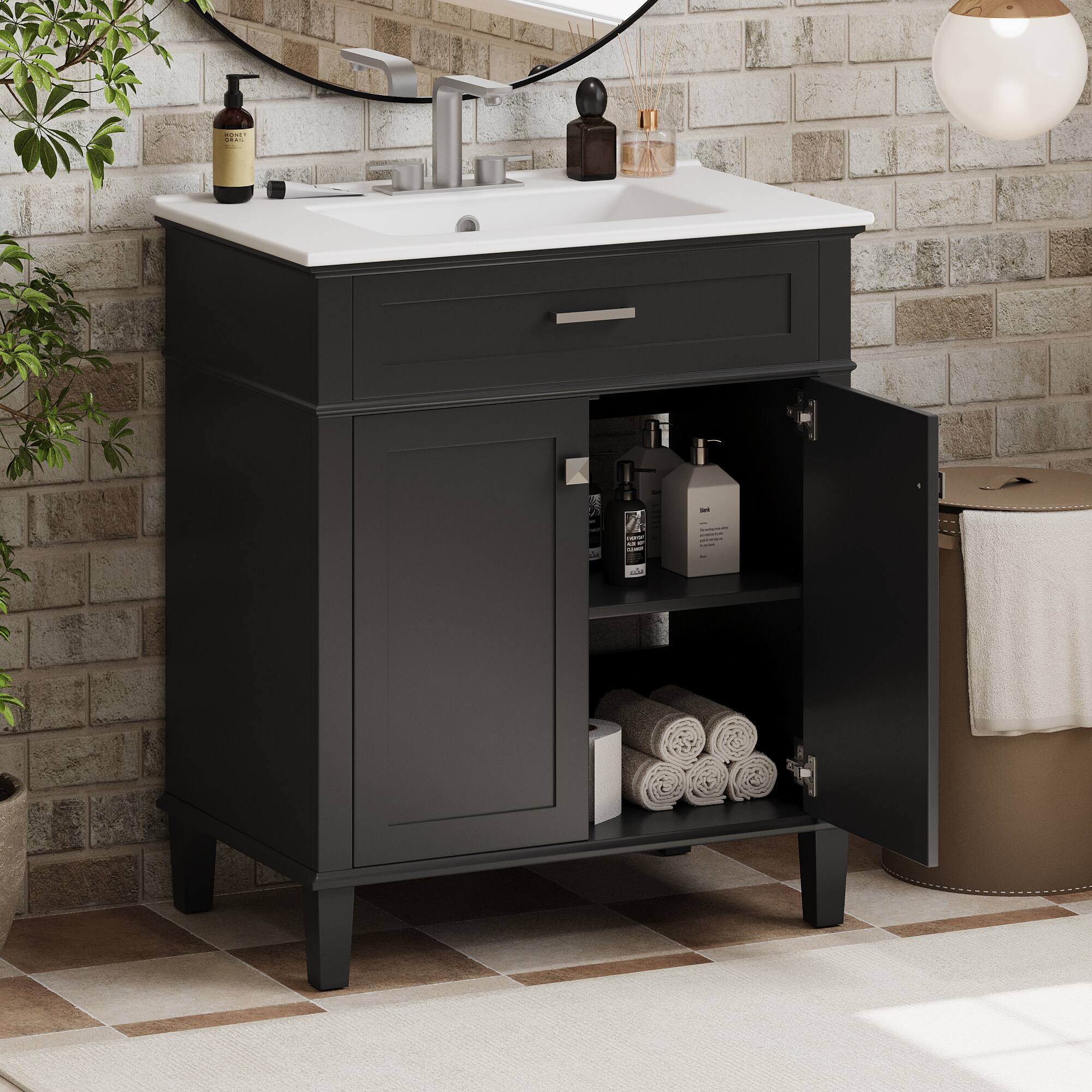 Alt View 10. Glintex - 30" Bathroom Vanity with Sink, Adjustable Shelves, Soft-Close Door, Modern Bathroom Storage Cabinet - Black.