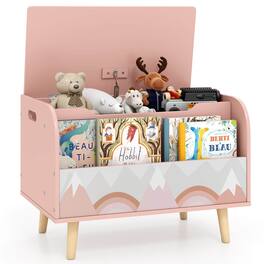 Costway - Kids Wooden Toy Box with Front Bookshelf 4 Solid Wood Legs Flip-top Lid for Nursery - Pink