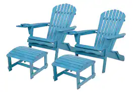 Jiallo - Foldable Adirondack Chair with cup holder Conversation Set, 2 Chairs with cup holders with Ottoman - Sky Blue