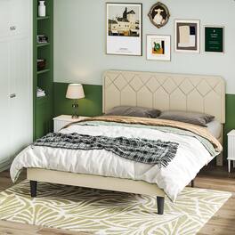 Vecelo - Queen Size Upholstered Bed With Adjustable Headboard And Underbed Storage - Metal Platform Bed,Quiet Design - Beige