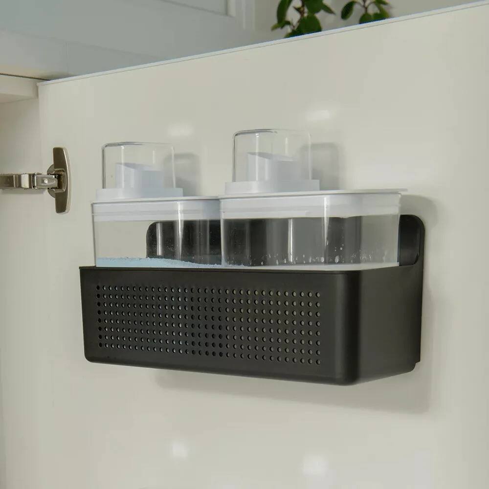 Angle. OU - Laundry Detergent Dispenser & Wall Rack Set, 2‑Pack 77 oz Soap Dispensers with Measuring Cap & Hanging Storage Organizer - Black.