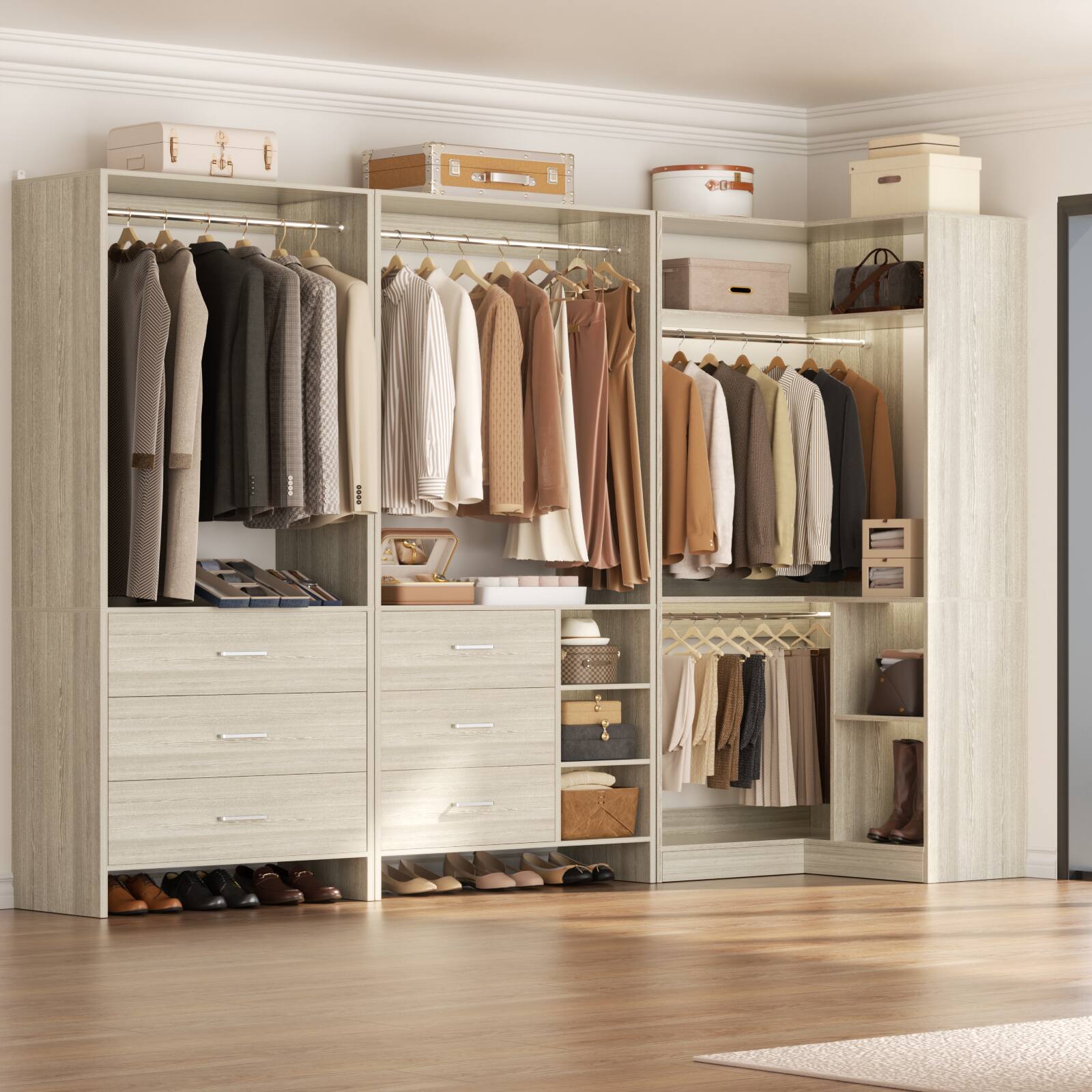 Angle. Aheaplus - L Shaped Closet System with 4 Drawers, 4 Hanging Rods, and Corner Tower, 80.9'' Corner Wardrobe System, Reversible - Beige Oak.