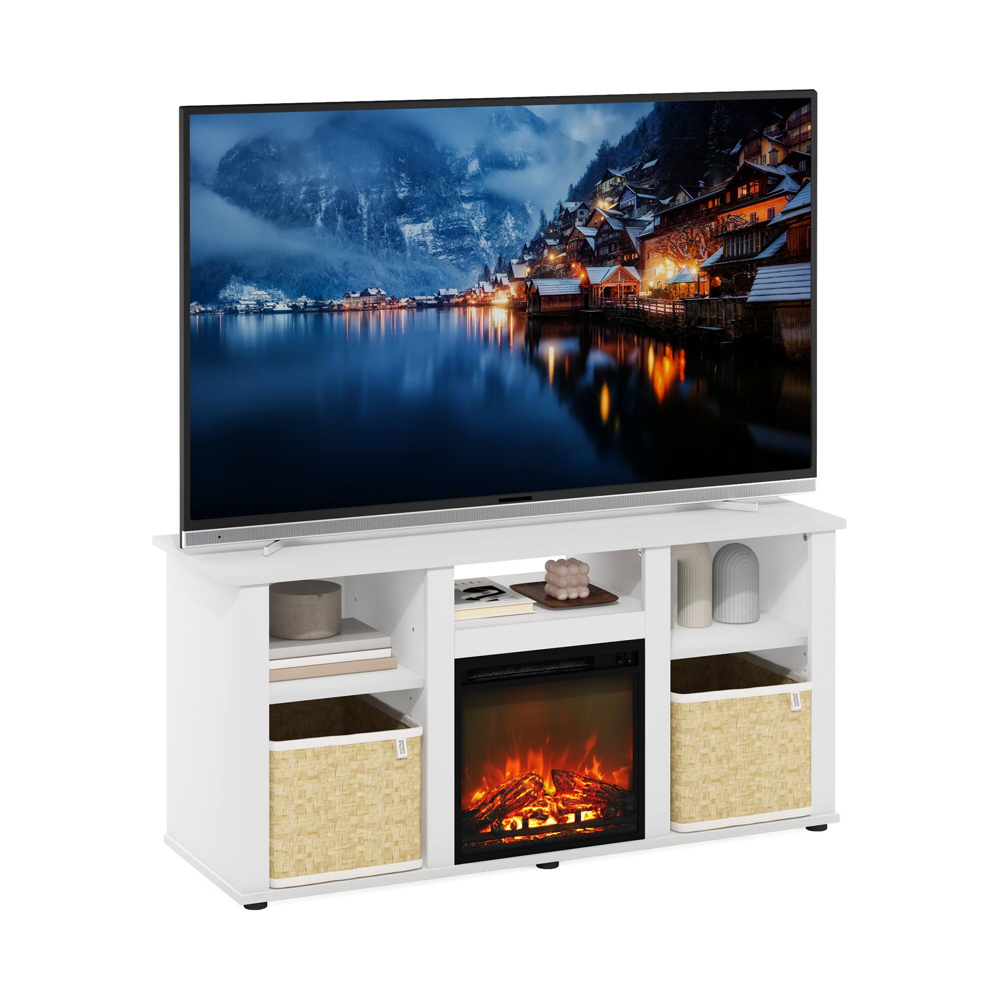 Alt View 3. Furinno - Jensen Fireplace TV Entertainment Center with Open Storage Compartment for TV up to 55 Inch - Solid White.