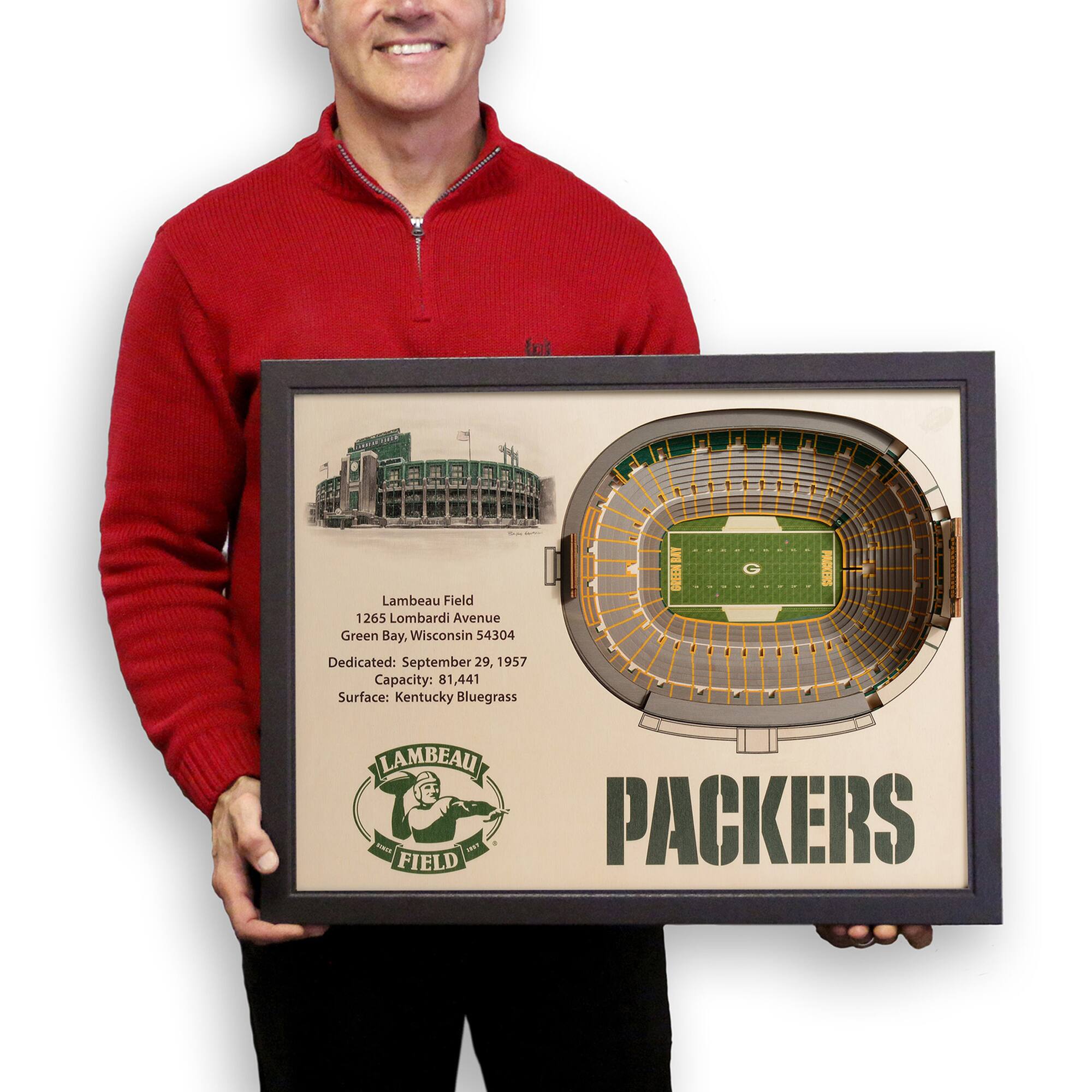Lambeau Field  
1265 Lombardi Avenue  
Green Bay, Wisconsin 54304  
Dedicated: September 29, 1957  
Capacity: 81,441  
Surface: Kentucky Bluegrass  

LAMBEAU FIELD  
1911 PACKERS  

PACKERS