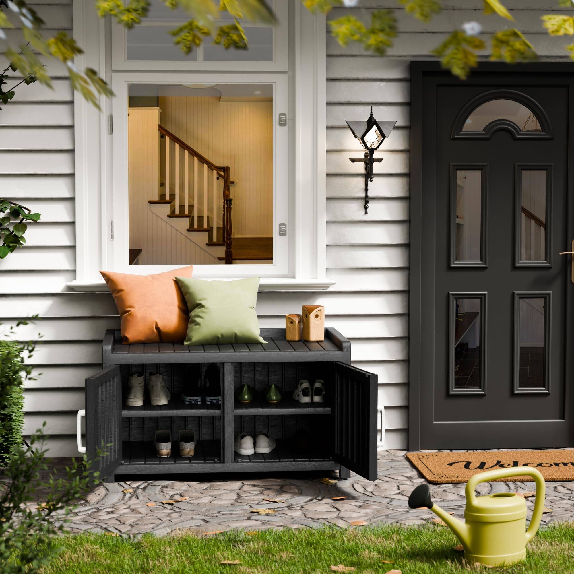 Left. JETRANSPORT - Storage Bench - 2 Doors Waterproof Shoe With Adjustable Shelves Indoor Outdoor Use Entryway Seating For - Black 2 Doors-A.