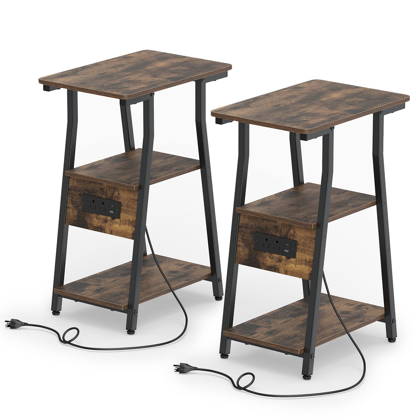 Alt View 9. Costway - Costway 2 PCS Industrial Side Tables with Charging Station, 3-Tier End Table with Metal Frame - Rustic Brown & Black.