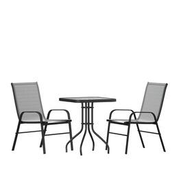 Emma + Oliver - Three Piece Patio Table Set with Square Metal Frame Table with Tempered Glass Top and Two Flex Comfort Stacking Chairs - Gray