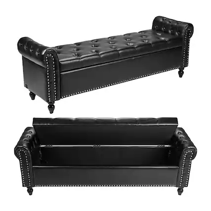 Front. VEVOR - Button-Tufted Storage Ottoman Bench, Rolled Arm PU Leather Bench with Solid Wood Legs, Modern Shoe Benches Seat - Black.