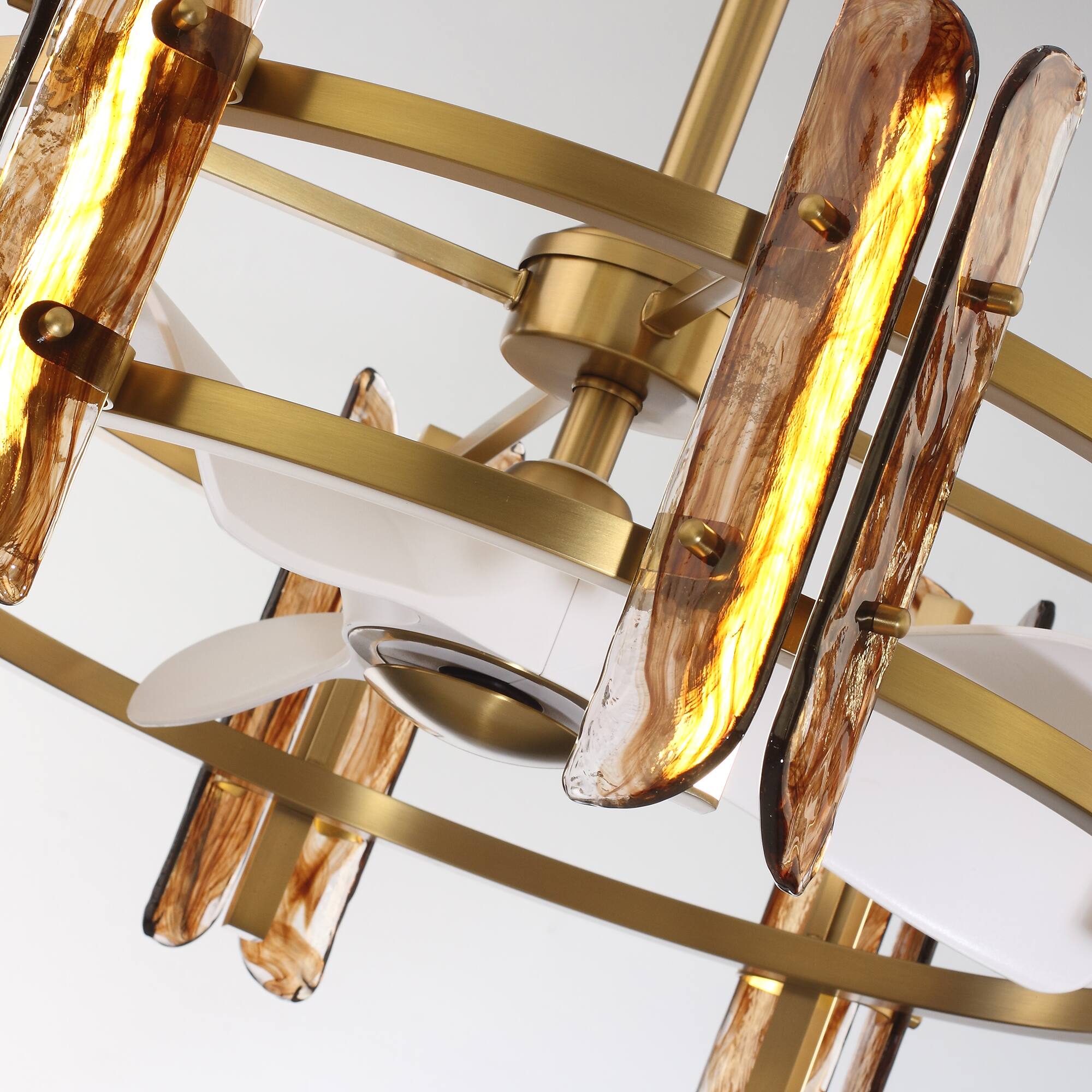 Alt View 6. Perimost - 32" Modern Amber Art Glass Gold Ceiling Fan Chandelier with Light and Remote, DC Reversible Motor - Gold.