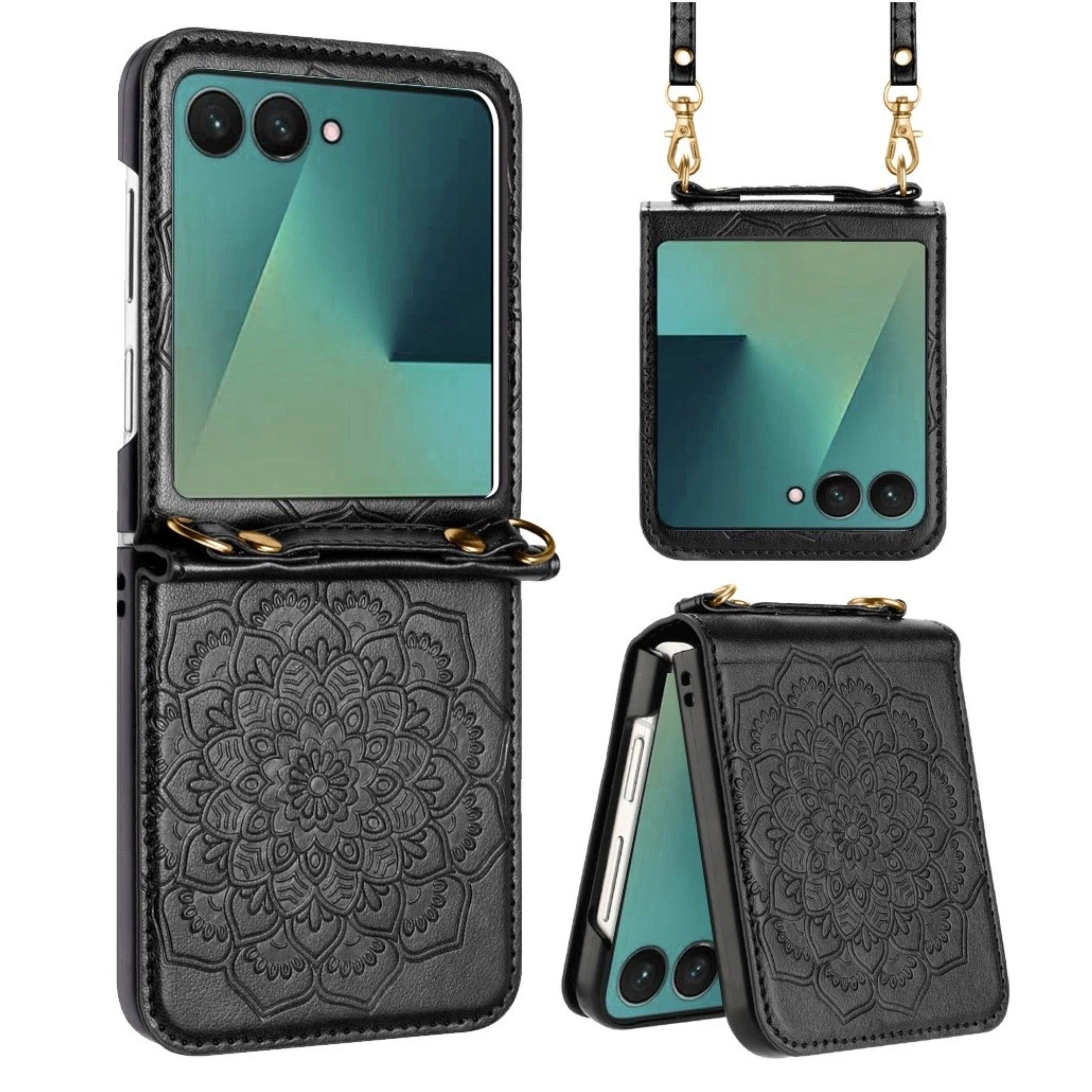Angle. Kitcheniva - Embossed Design Vegan Leather Case With Tempered Glass For Samsung Galaxy Z Flip7 Black - Black.