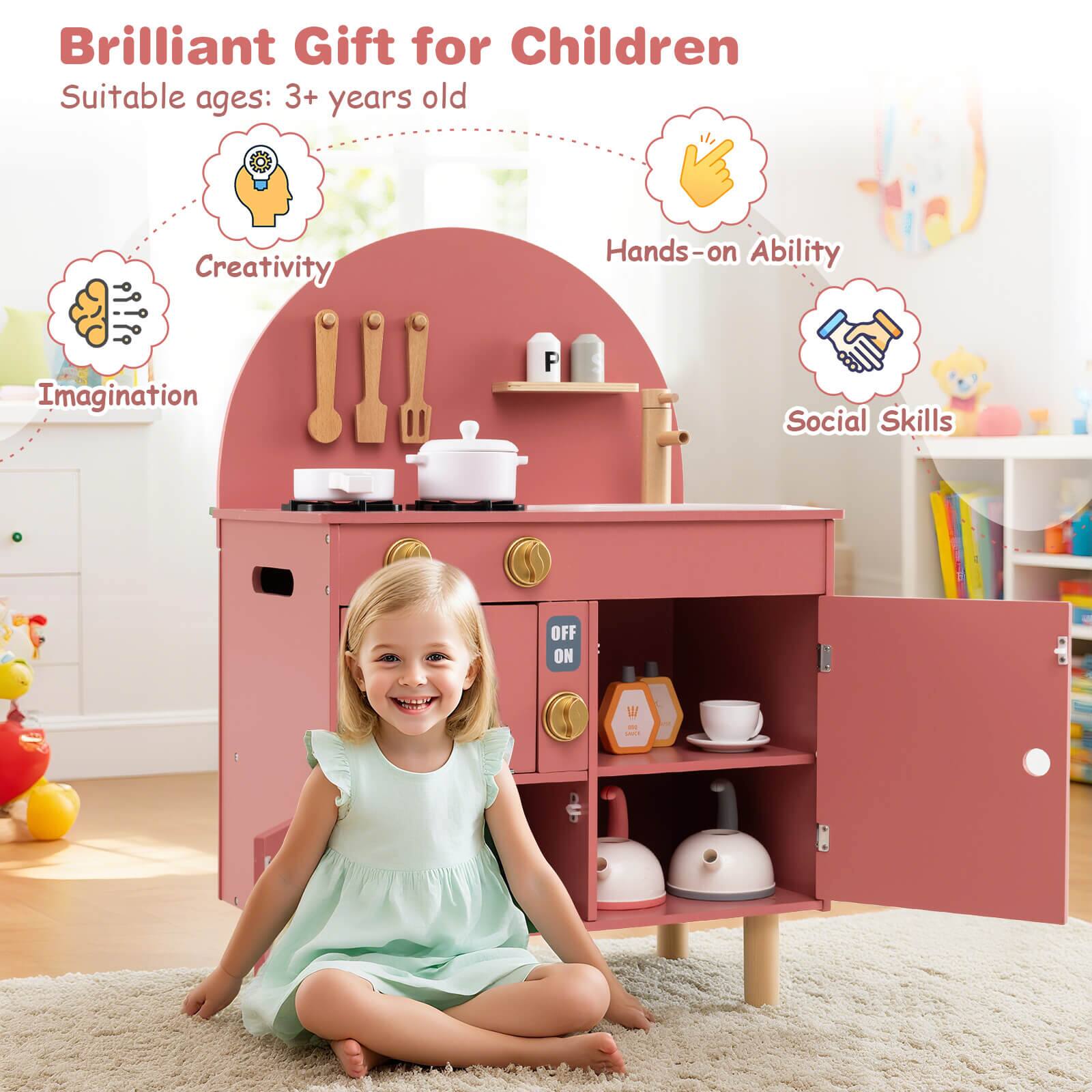 Alt View 9. Costway - Costway Play Kitchen for Kids with Stoves Faucet Sink Microwave Oven Cooking Accessories - Pink.