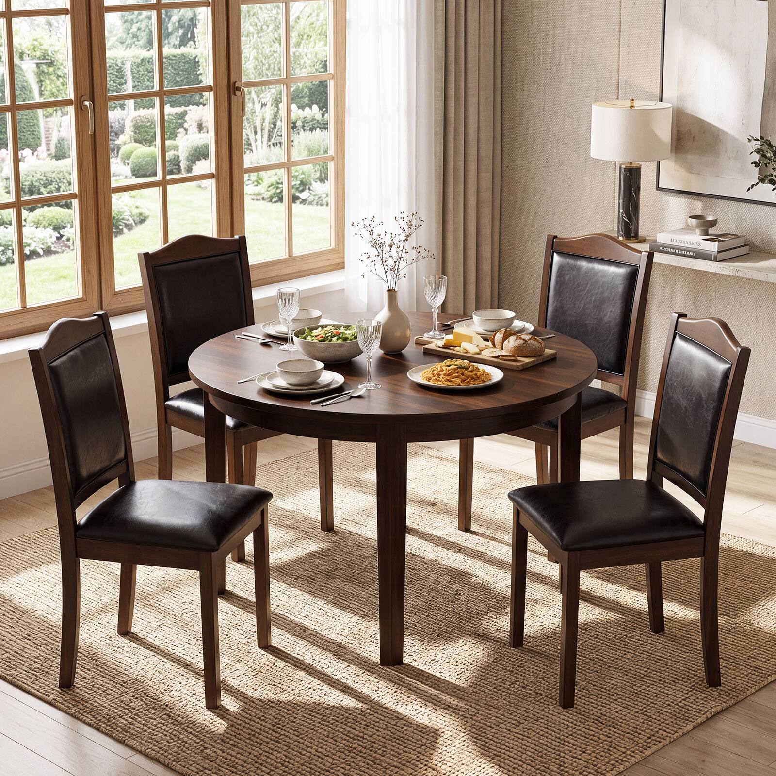 Alt View 1. Gymax - Gymax Wooden Dining Chairs Set of 4 Faux Leather Upholstered Kitchen Side Chairs Walnut & Black - Brown.