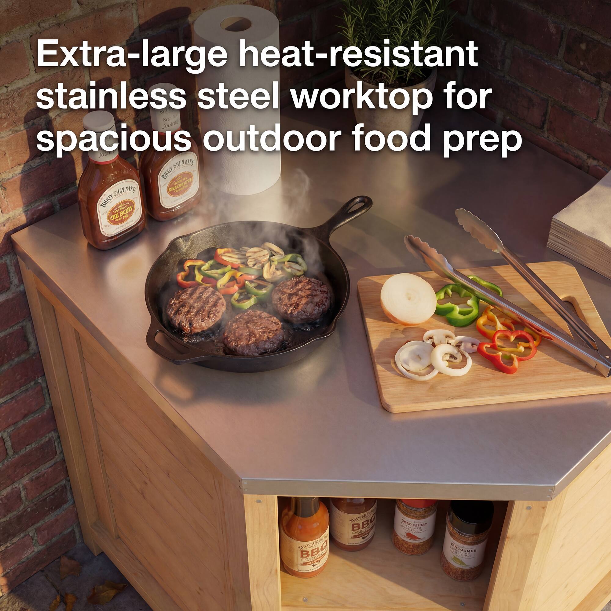 Extra-large heat-resistant stainless steel worktop for spacious outdoor food prep