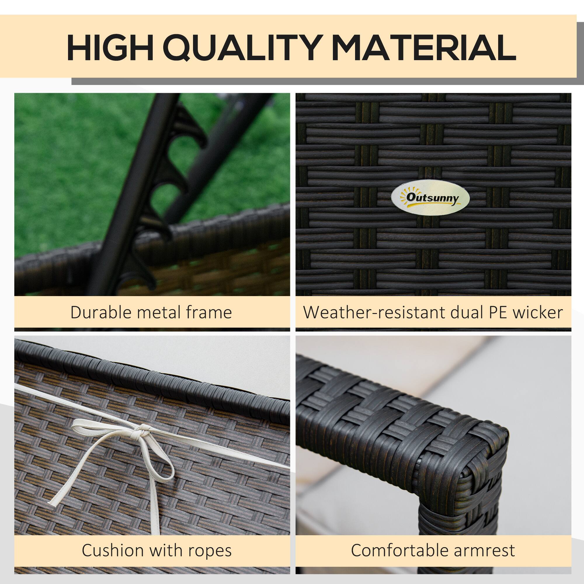 HIGH QUALITY MATERIAL

- Durable metal frame
- Weather-resistant dual PE wicker
- Cushion with ropes
- Comfortable armrest