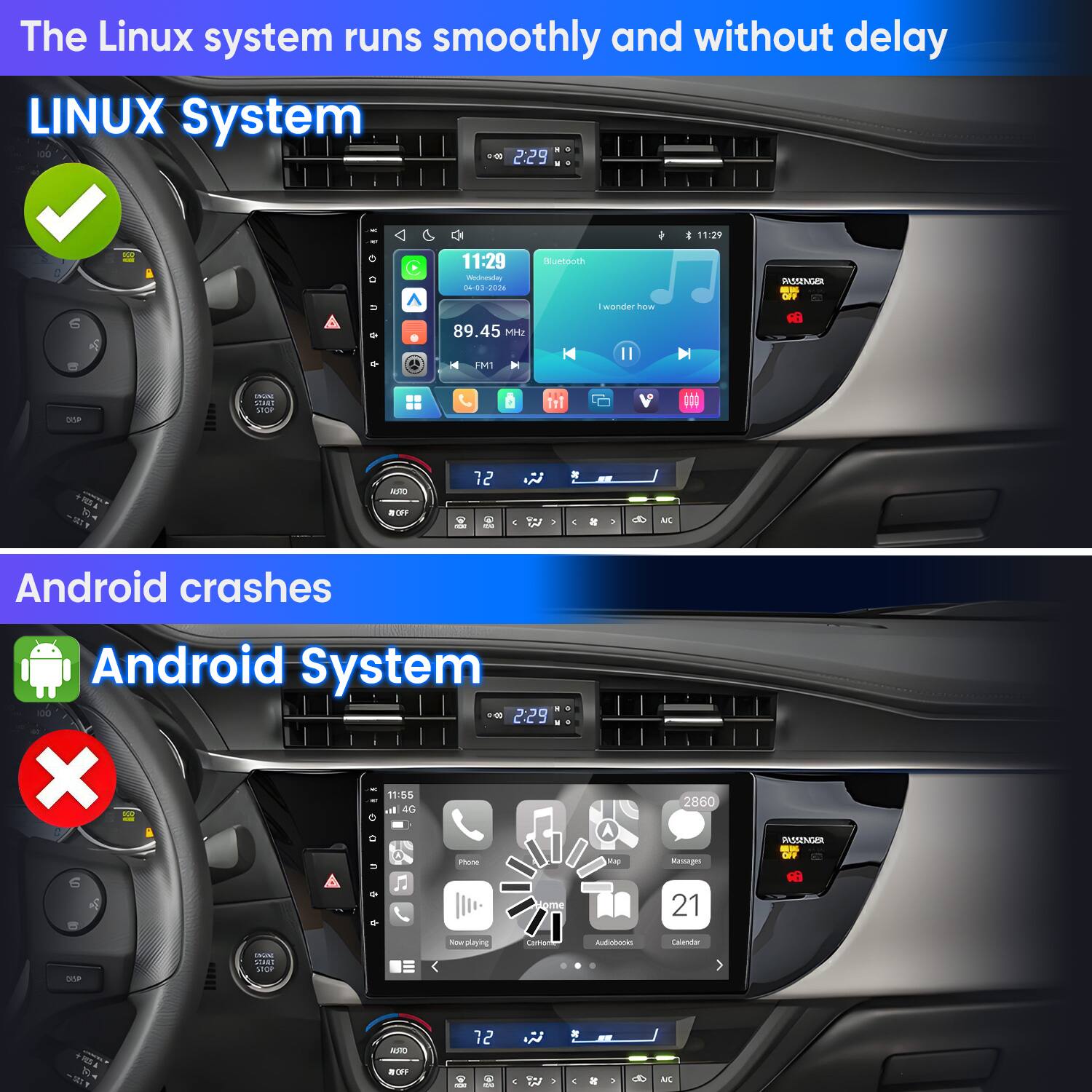 The Linux system runs smoothly and without delay

LINUX System

Android crashes

Android System