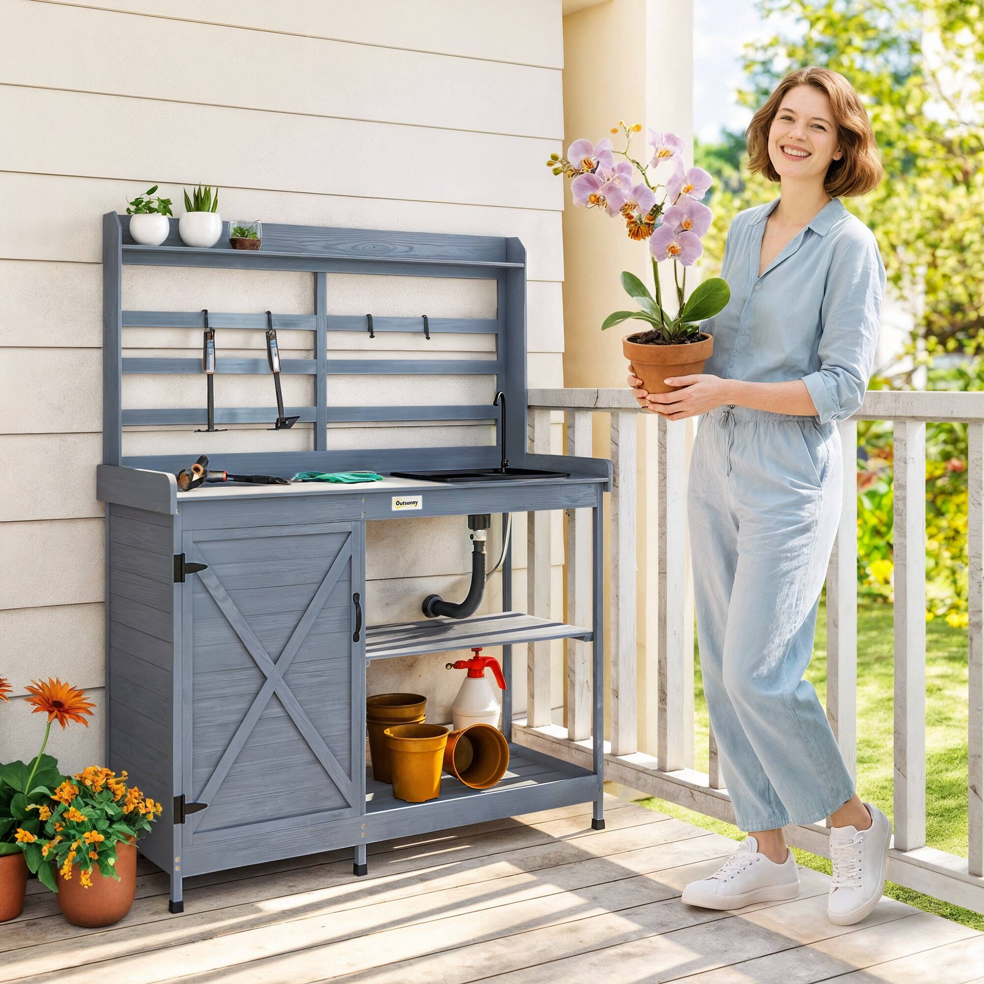 Alt View 1. Outsunny - Outdoor Wooden Potting Bench Table with Sink and Water Tap, Garden Workstation with Storage Cabinet, Storage Shelves - Gray.