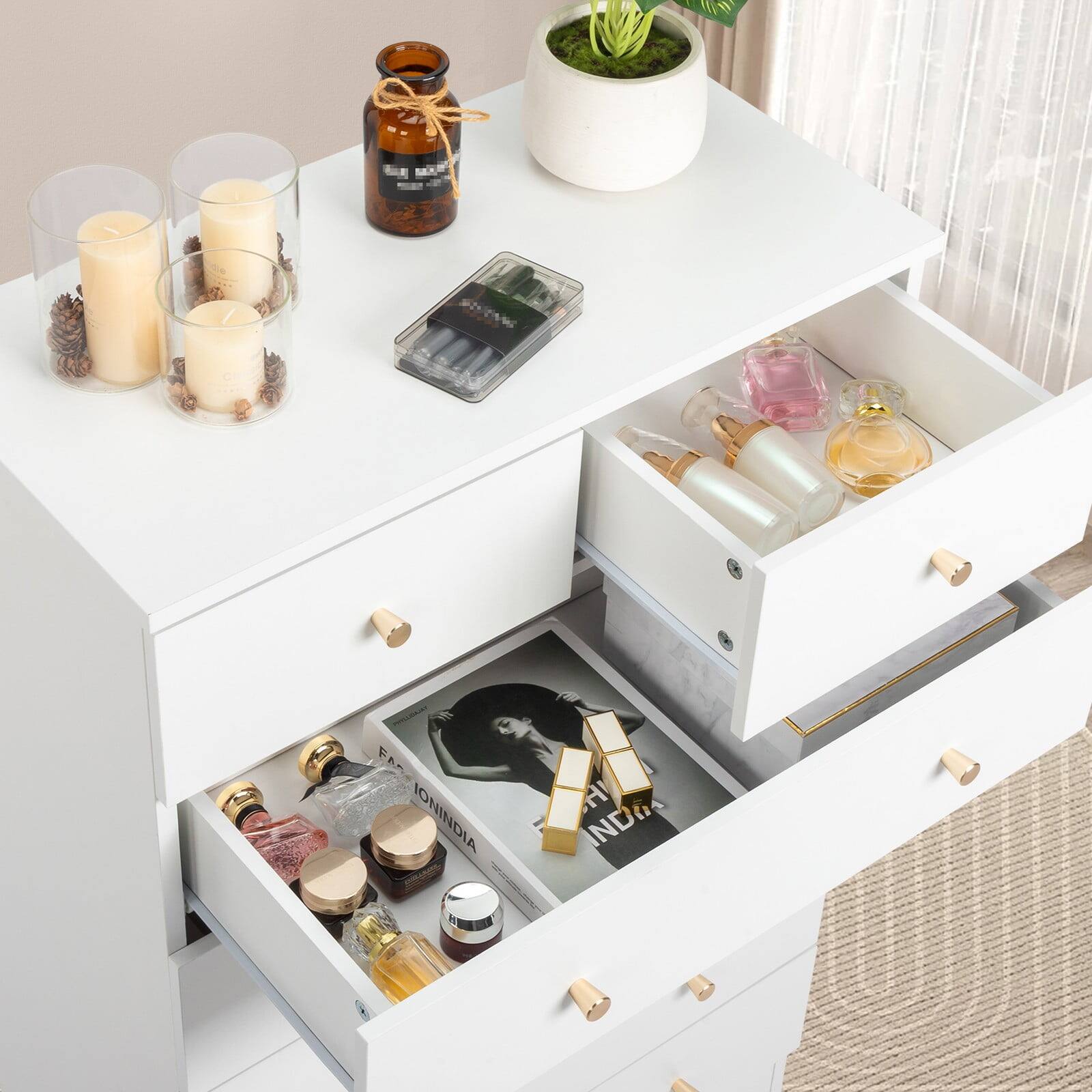 Angle. Kadyn - 5 Drawer Dresser with Gold Handle, Nursery Dresser Chest Of Drawers Organizer - White.