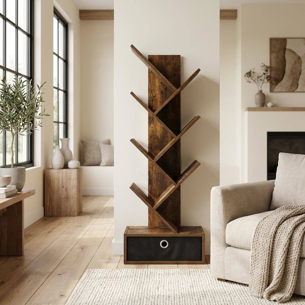 Left. FurniFact - Engineered Wood bookcase with spacious shelves and sturdy construction - Amber Pine/Black.