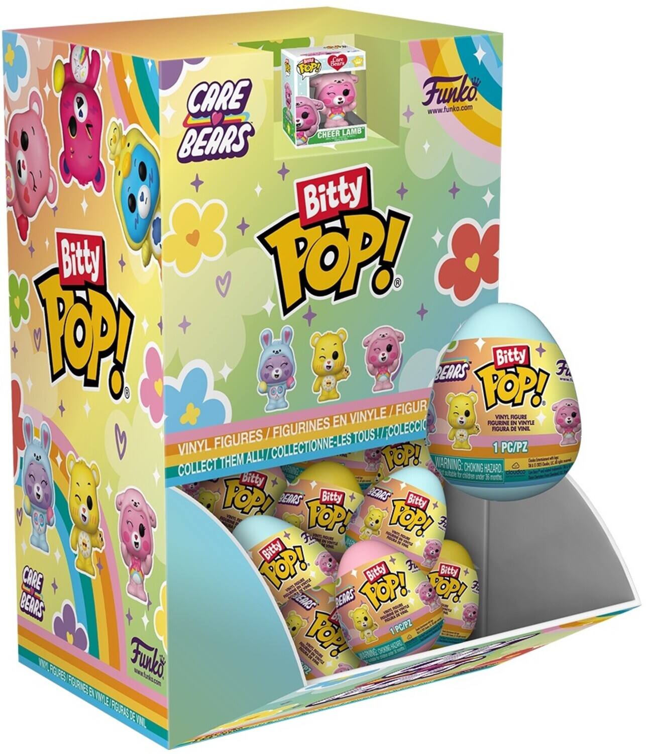 Sure, here is the corrected and grouped text from the image:

---

**Front of the Box:**

- **Care Bears**
- **Bitty Pop!**
- **Vinyl Figures / Figurines en Vinyle / Figuras de Vinilo / Figurines en Vinyle / Figurine de Vinil**
- **Collect Them All! / Collectionne-les Tous! / Colecciona Todos! / Colecciona Todos!**
- **1 PC/PZ**
- **Warning: Choking Hazard. Small parts. Not for children under 3 years.**
- **Funko**
- **www.funko.com**

**Side of the Box:**

- **Bitty Pop!**
- **Care Bears**
- **Vinyl Figures / Figurines en Vinyle / Figuras de Vinilo / Figurines en Vinyle / Figurine de Vinil**
- **Collect Them All! / Collectionne-les Tous! / Colecciona Todos! / Colecciona Todos!**
- **1 PC/PZ**
- **Warning: Choking Hazard. Small parts. Not for children under 3 years.**
- **Funko**
- **www.funko.com**

**Back