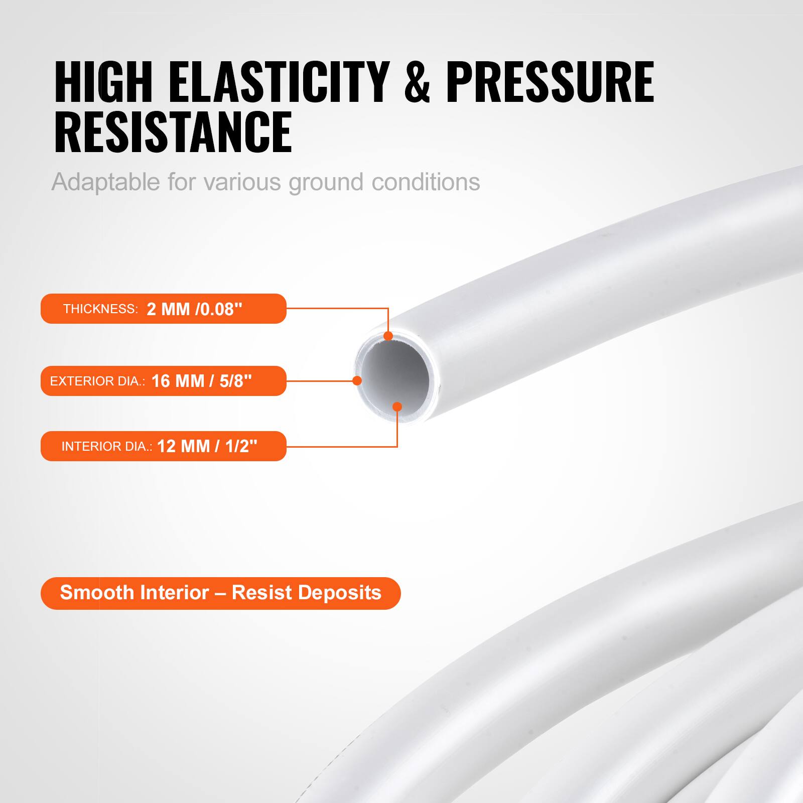HIGH ELASTICITY & PRESSURE RESISTANCE  
Adaptable for various ground conditions  

THICKNESS: 2 MM / 0.08"  
EXTERIOR DIA.: 16 MM / 5/8"  
INTERIOR DIA.: 12 MM / 1/2"  

Smooth Interior – Resist Deposits