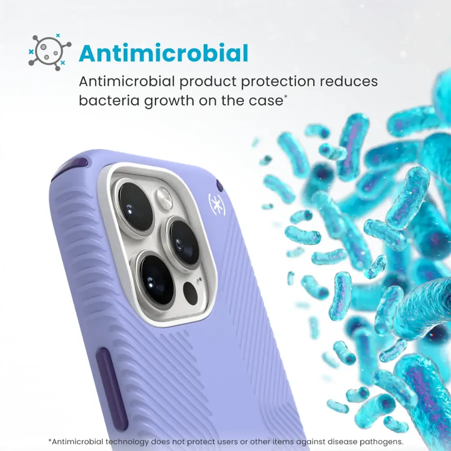 Antimicrobial product protection reduces bacteria growth on the case. Antimicrobial technology does not protect users from disease pathogens.