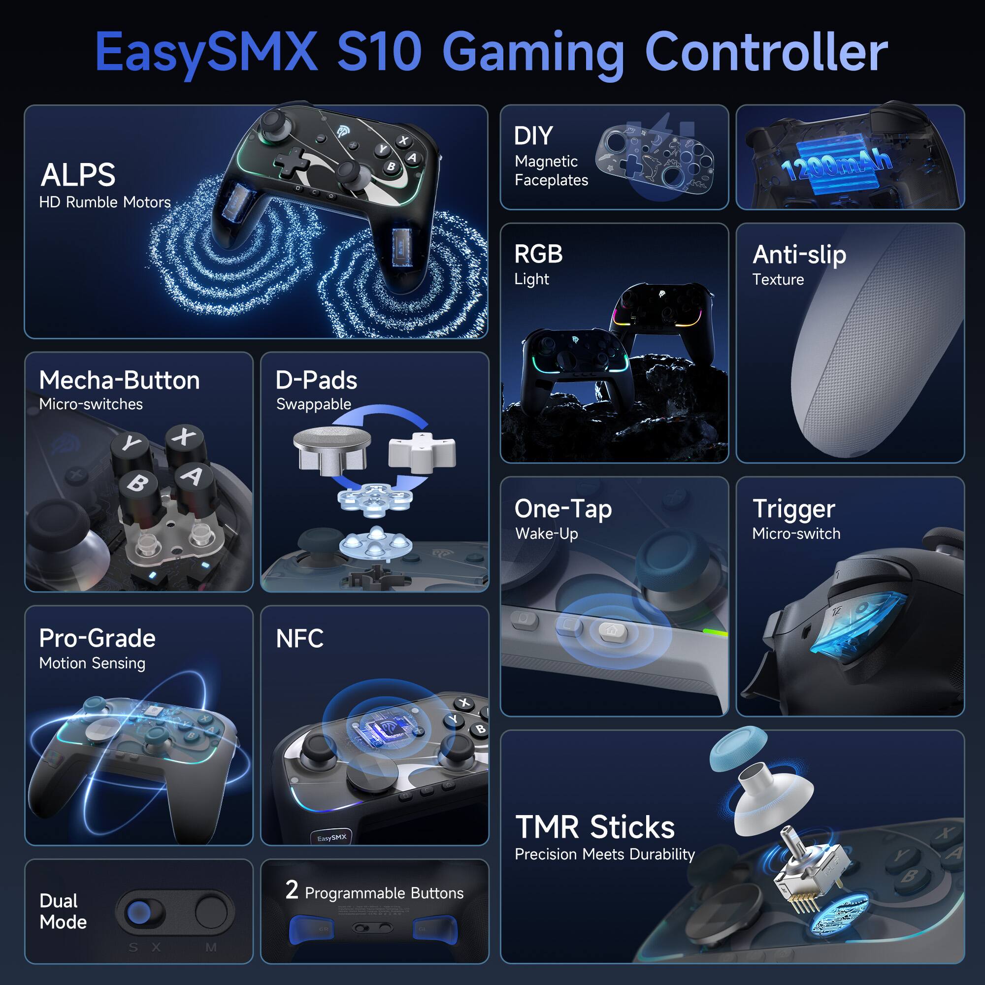 EasySMX S10 Gaming Controller

- ALPS HD Rumble Motors
- Mecha-Button Micro-switches
- D-Pads Swappable
- DIY Magnetic Faceplates
- RGB Light
- Anti-slip Texture
- Pro-Grade Motion Sensing
- NFC
- Dual Mode
- 2 Programmable Buttons
- One-Tap Wake-Up
- Trigger Micro-switch
- TMR Sticks Precision Meets Durability