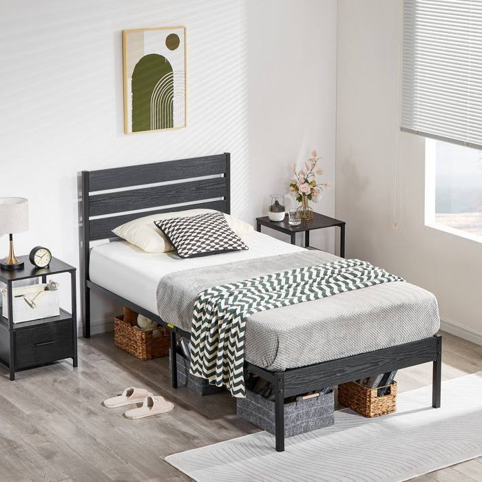Left. SlickBlue - Platform Bed Frame with Industrial Design and Wood Slatted Headboard - Black.