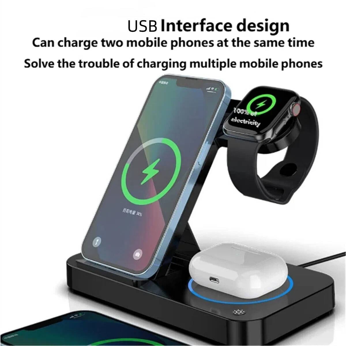 USB Interface design  
Can charge two mobile phones at the same time  
Solve the trouble of charging multiple mobile phones