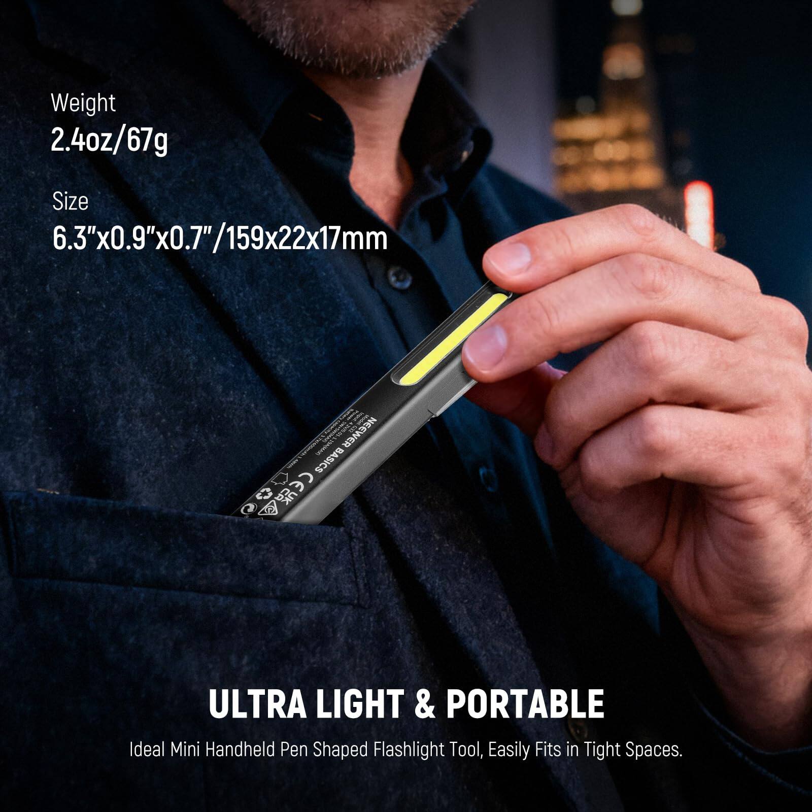 Weight 2.4oz/67g  
Size 6.3"x0.9"x0.7"/159x22x17mm  

3 IN 1  
NEEWER ER BASICS  
CE ULTRA LIGHT & PORTABLE  
Ideal Mini Handheld Pen Shaped Flashlight Tool, Easily Fits in Tight Spaces.