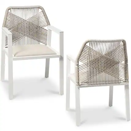 Front. Best Choice Products - Best Choice Products Set of 2 Indoor/Outdoor Aluminum Woven Rope Dining Chairs w/ Armrests - White/Alpine - White/Alpine.