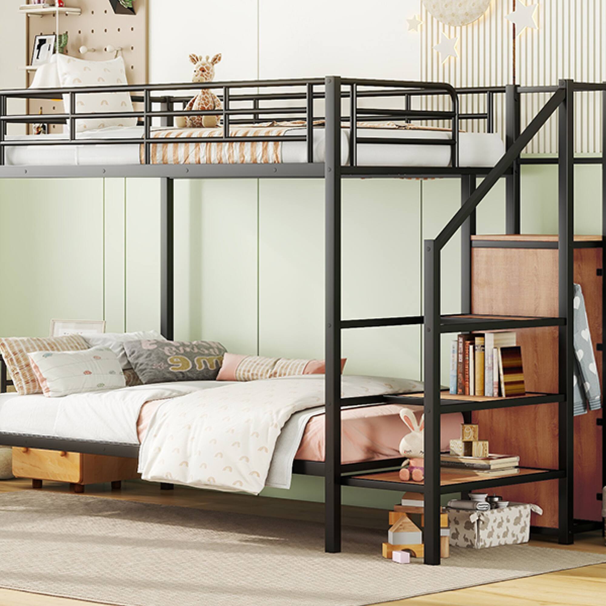 Alt View 8. GOODSILO - Contemporary Twin Over Twin Metal Bunk Bed with Integrated Storage Ladder and Wardrobe - Black.