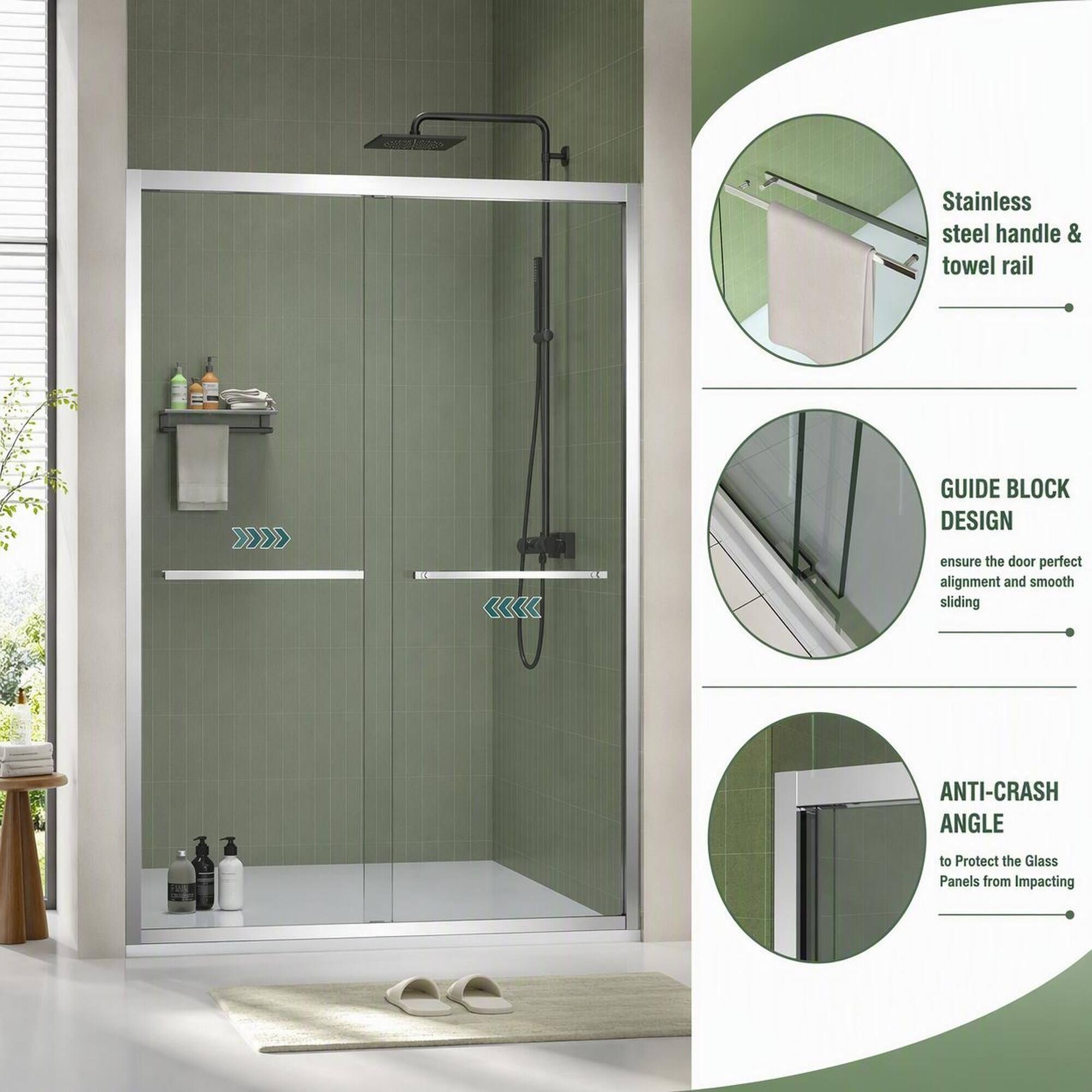 Stainless steel handle & towel rail

GUIDE BLOCK DESIGN
ensure the door perfect alignment and smooth sliding

ANTI-CRASH ANGLE
to Protect the Glass Panels from Impacting
