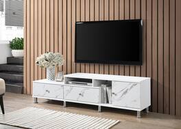 APRILSOUL - 1pc Modern Sleek Finish Faux Marble Accents Silver-tone Legs TV Stand Console Living Room Furniture - White