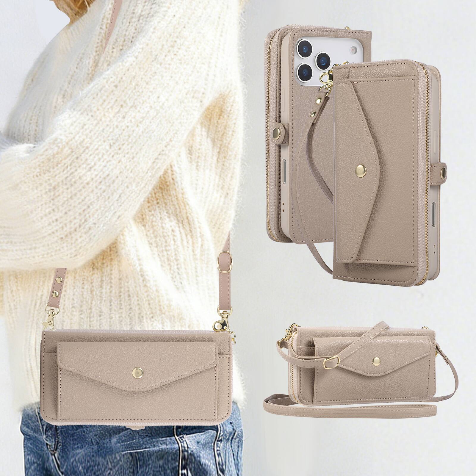 Alt View 5. Dteck - Leather Wallet Phone Case for Apple iPhone 17 Pro with Crossbody Strap, Shockproof Zipper Pocket Mirror Stand Cover - Khaki.