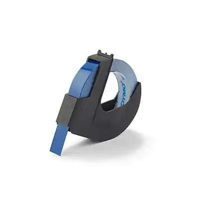 Front. DYMO - Embossing 520106 Label Maker Tape, 3/8" x 12', White on Blue (520106) - White on Blue.