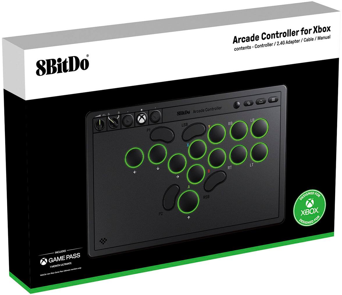 8BitDo Arcade Controller for Xbox  
contents - Controller / 2.4G Adapter / Cable / Manual  

8BitDo Arcade Controller  
P1  
P2  

DESIGNED FOR XBOX  

INCLUDES  
GAME PASS 1 MONTH ULTIMATE  

8BitDo  
Arcade Controller for Xbox  
contents - Controller / 2.4G Adapter / Cable / Manual  

8BitDo Arcade Controller  
P1  
P2  

DESIGNED FOR XBOX  

INCLUDES  
GAME PASS 1 MONTH ULTIMATE