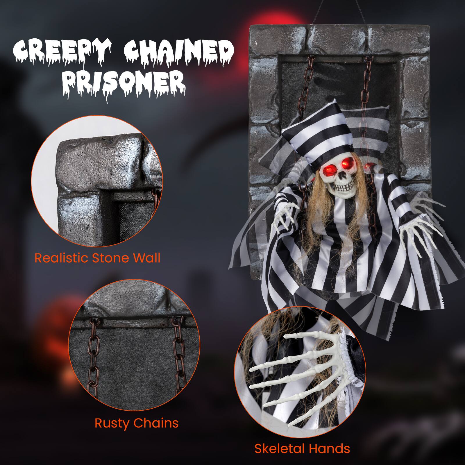CREEPY CHAINED PRISONER  
Realistic Stone Wall  
Rusty Chains  
Skeletal Hands
