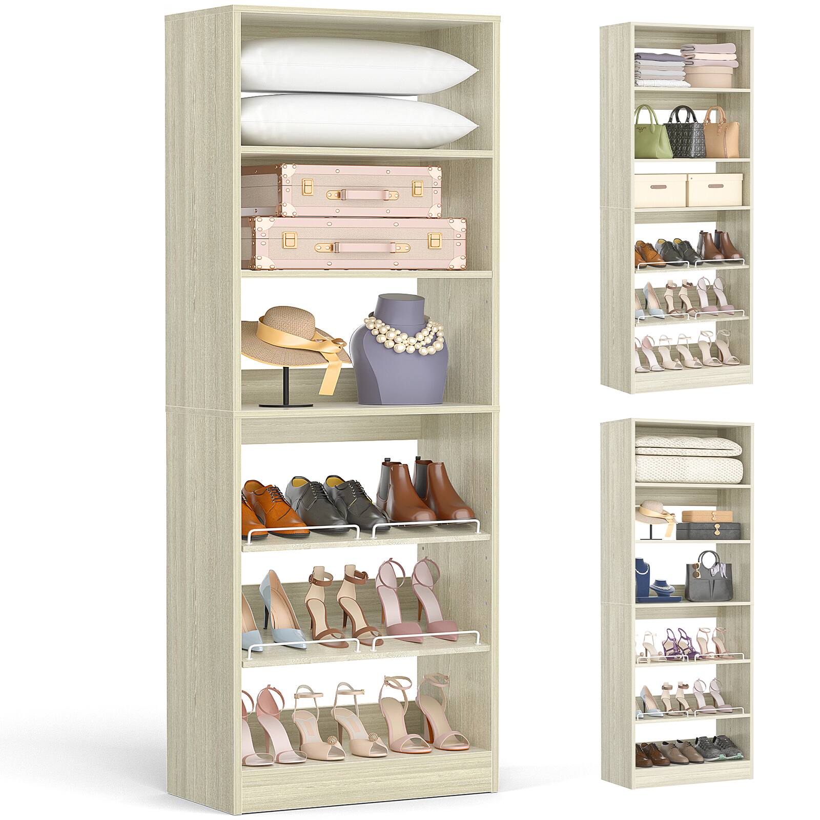 Aheaplus - 25'' Closet Organizer System, 7-Tier Closet Shoe Organizer with Adjustable Shelves - Beige Oak