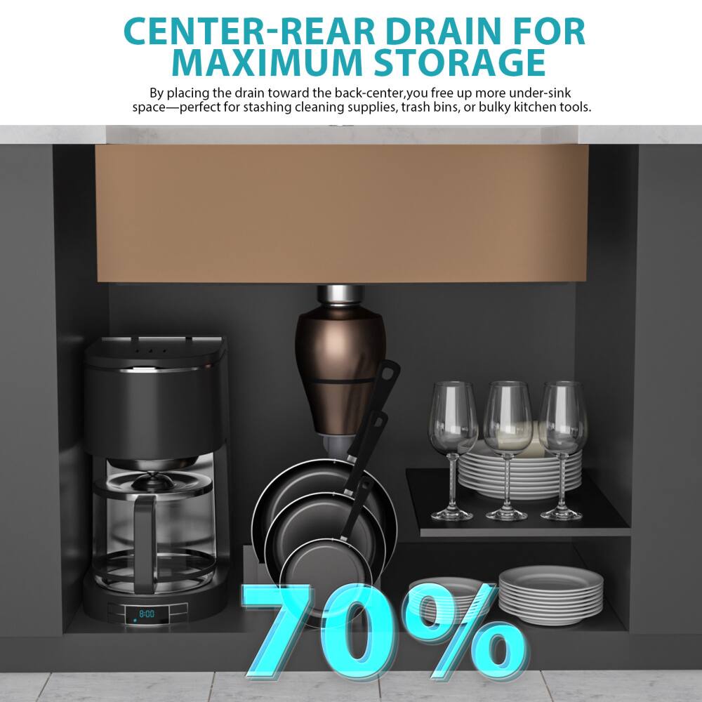 CENTER-REAR DRAIN FOR MAXIMUM STORAGE

By placing the drain toward the back-center, you free up more under-sink space—perfect for stashing cleaning supplies, trash bins, or bulky kitchen tools.

70%
