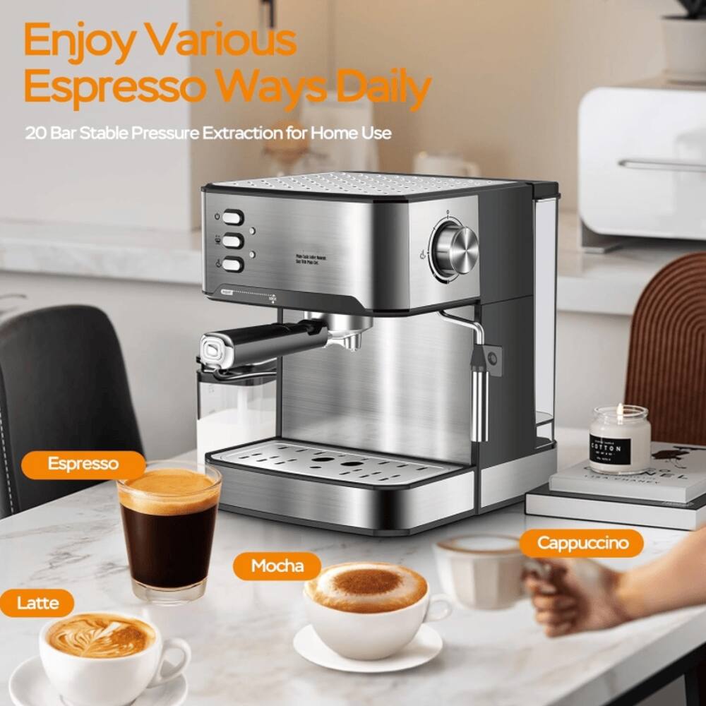 Enjoy Various Espresso Ways Daily  
20 Bar Stable Pressure Extraction for Home Use  

Espresso  
Mocha  
Cappuccino  
Latte