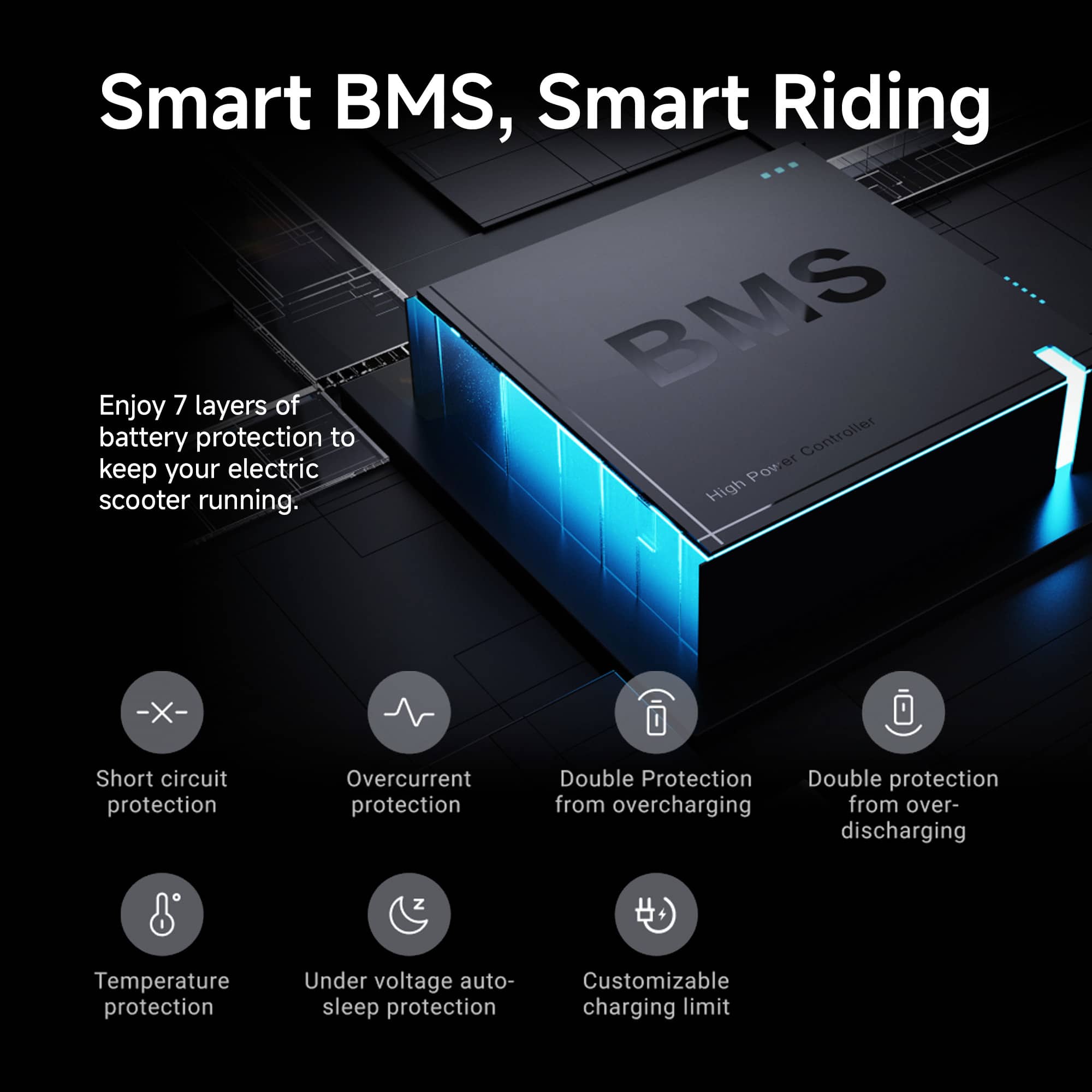Smart BMS, Smart Riding: Enjoy layers of battery protection to keep your electric scooter running. High-X short circuit protection, overcurrent protection, double protection from overcharging and over-discharging, temperature protection, under-voltage auto-sleep protection, and customizable charging limit.