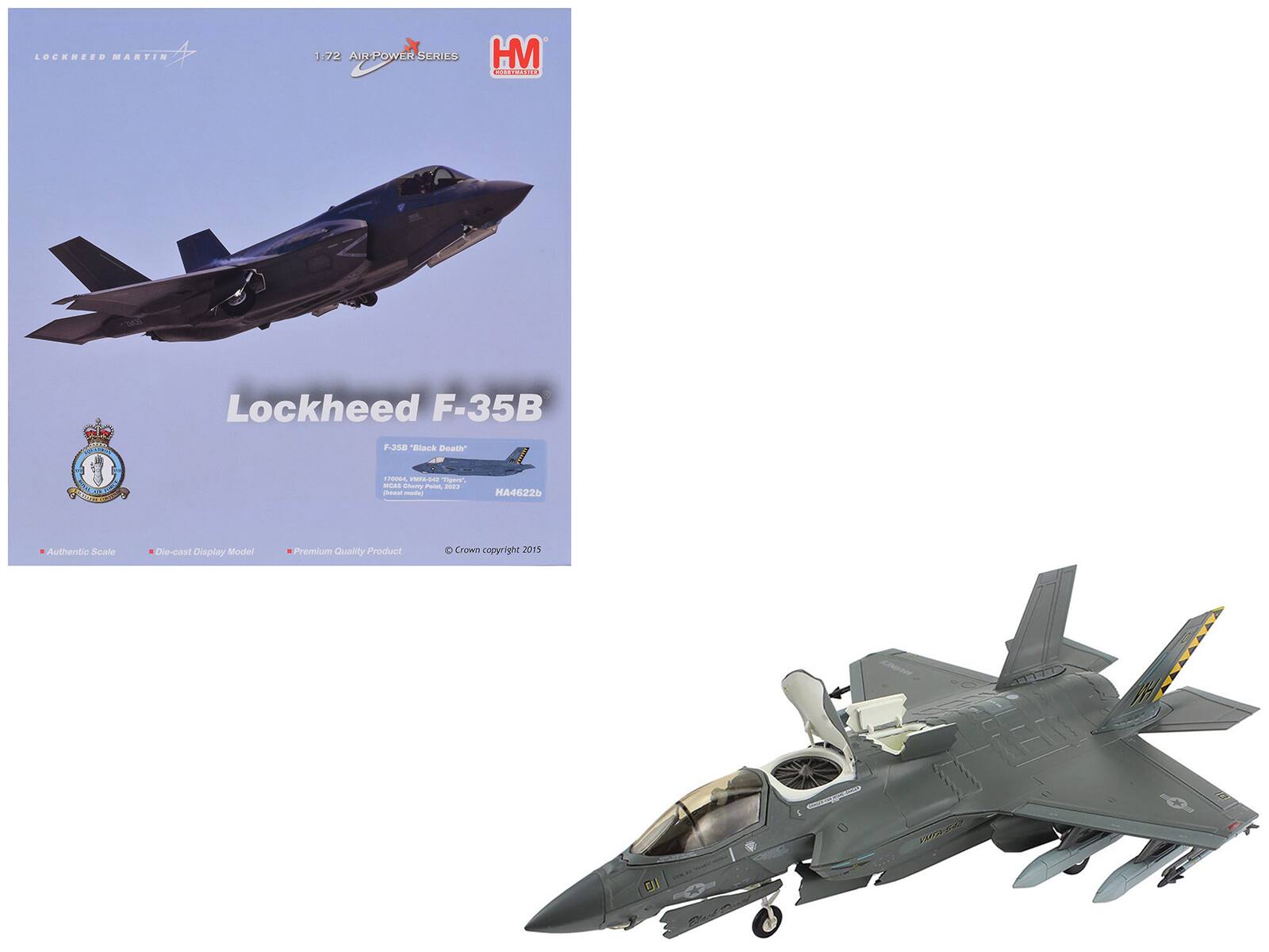 Lockheed Martin  
1:72 Air Power Series  
HM  
Lockheed F-35B  
"Black Death"  
F-35B "Black Death"  
HA4622b  
Authentic Scale  
Die-cast Display Model  
Premium Quality Product  
Crown copyright 2015