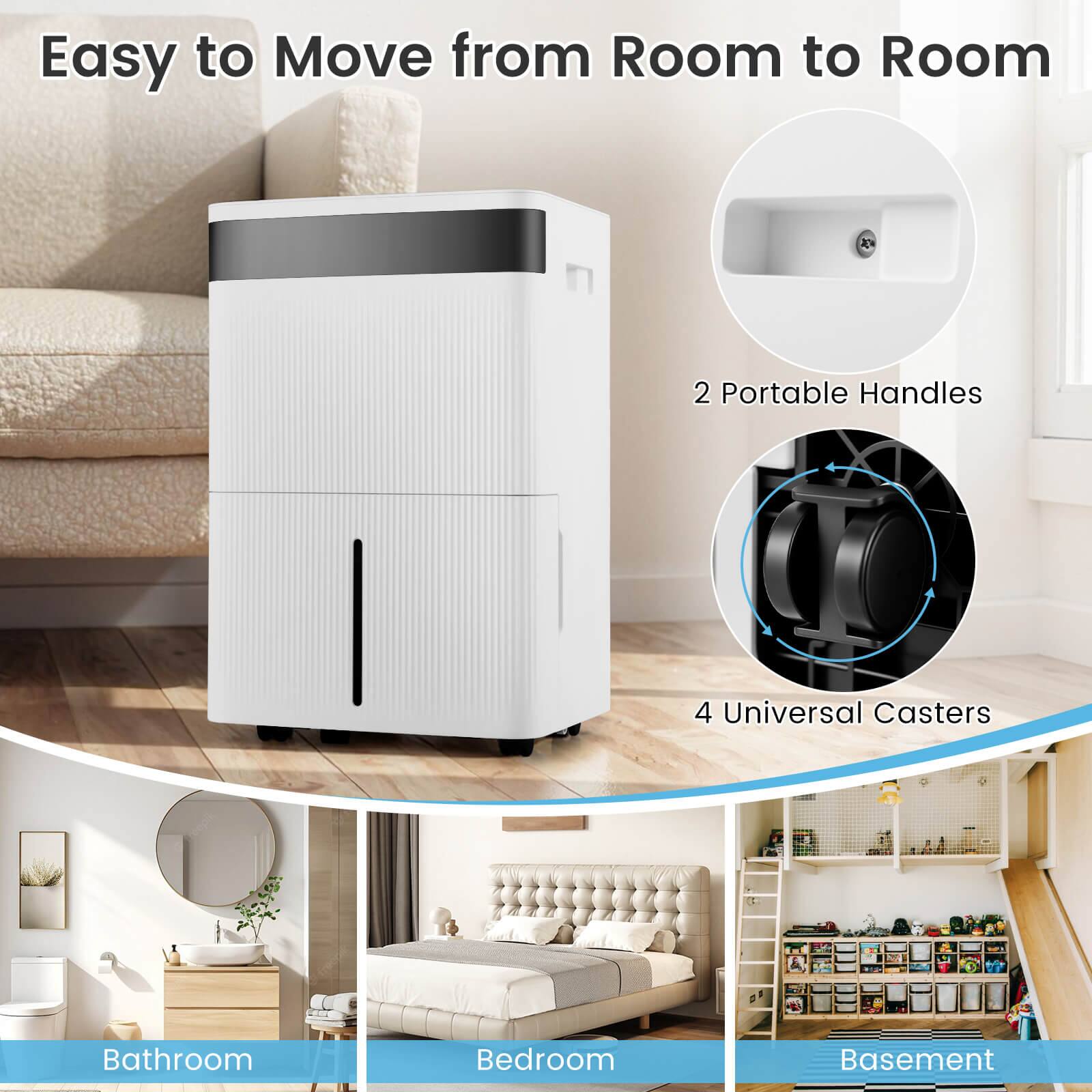 Easy to Move from Room to Room

2 Portable Handles

4 Universal Casters

Bathroom

Bedroom

Basement