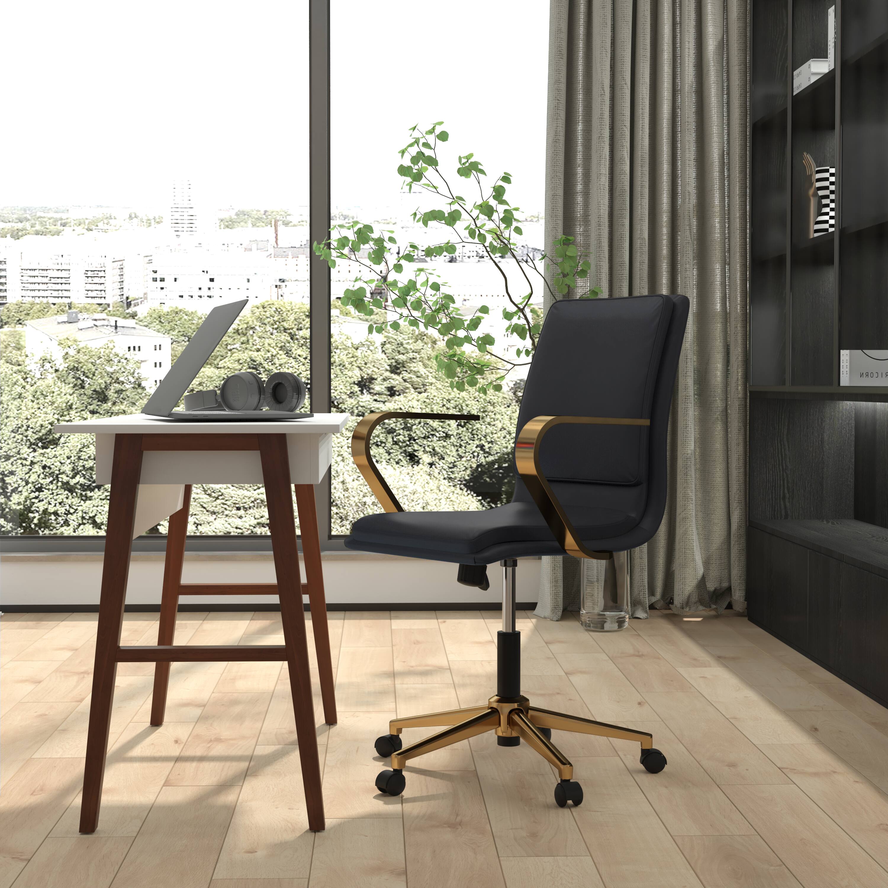 Alt View 1. Emma + Oliver - Ziva Modern Upholstered Mid-Back Home Office Chair with Arms and 5 Star Base - Black LeatherSoft/Gold Frame.
