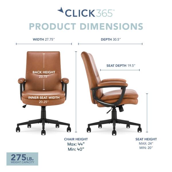 CLICK365

PRODUCT DIMENSIONS

WIDTH 27.75"  
DEPTH 30.5"  
SEAT DEPTH 19.5"  
BACK HEIGHT 23.75"  
INNER SEAT WIDTH 20.25"  

CHAIR HEIGHT  
Max: 44"  
Min: 40"  

SEAT HEIGHT  
Max: 24"  
Min: 20"  

275LB. WEIGHT CAPACITY
