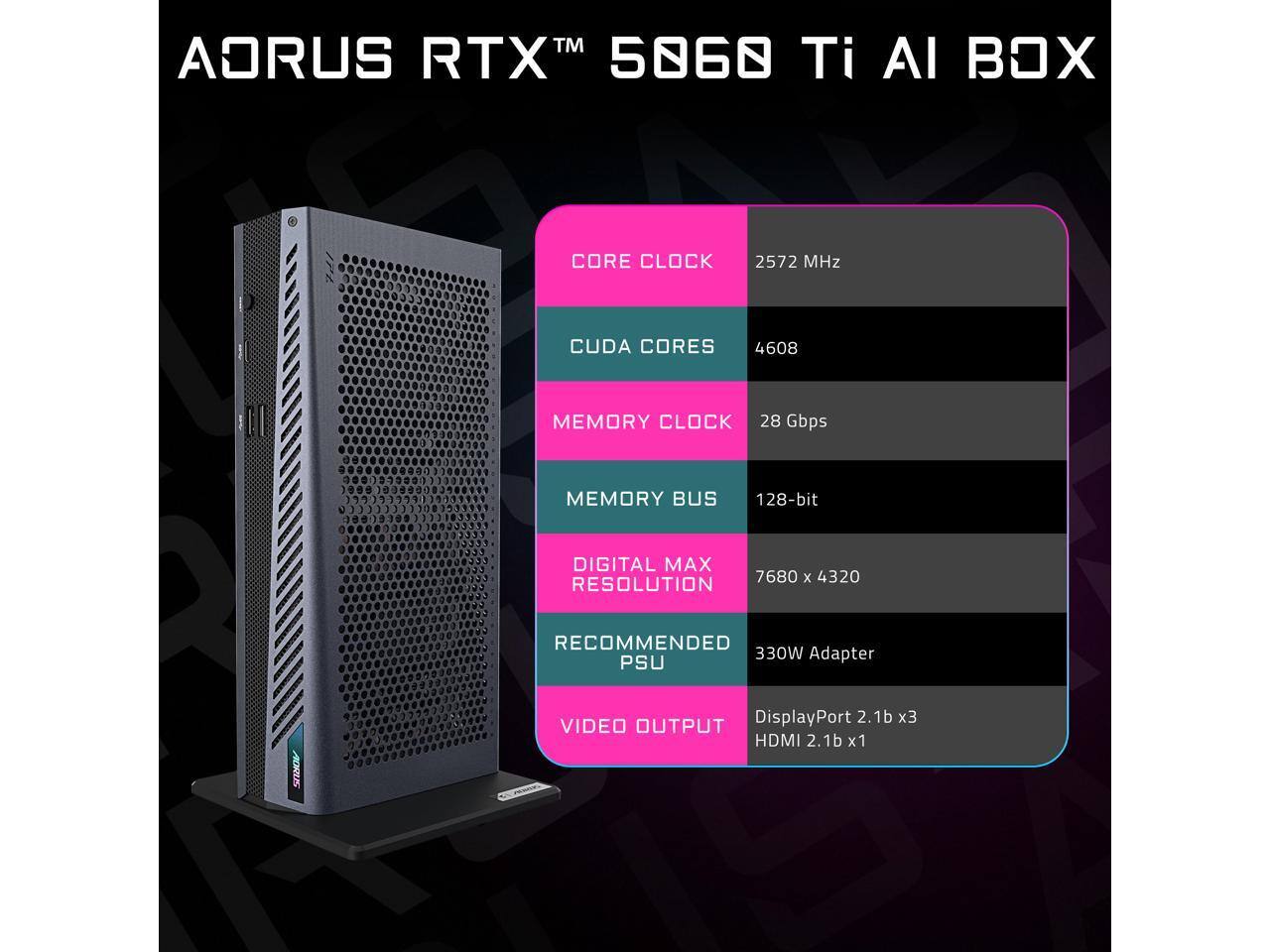 AORUS RTX™ 5060 Ti AI BOX

- CORE CLOCK: 2572 MHz
- CUDA CORES: 4608
- MEMORY CLOCK: 28 Gbps
- MEMORY BUS: 128-bit
- DIGITAL MAX RESOLUTION: 7680 x 4320
- RECOMMENDED PSU: 330W Adapter
- VIDEO OUTPUT: DisplayPort 2.1b x3, HDMI 2.1b x1