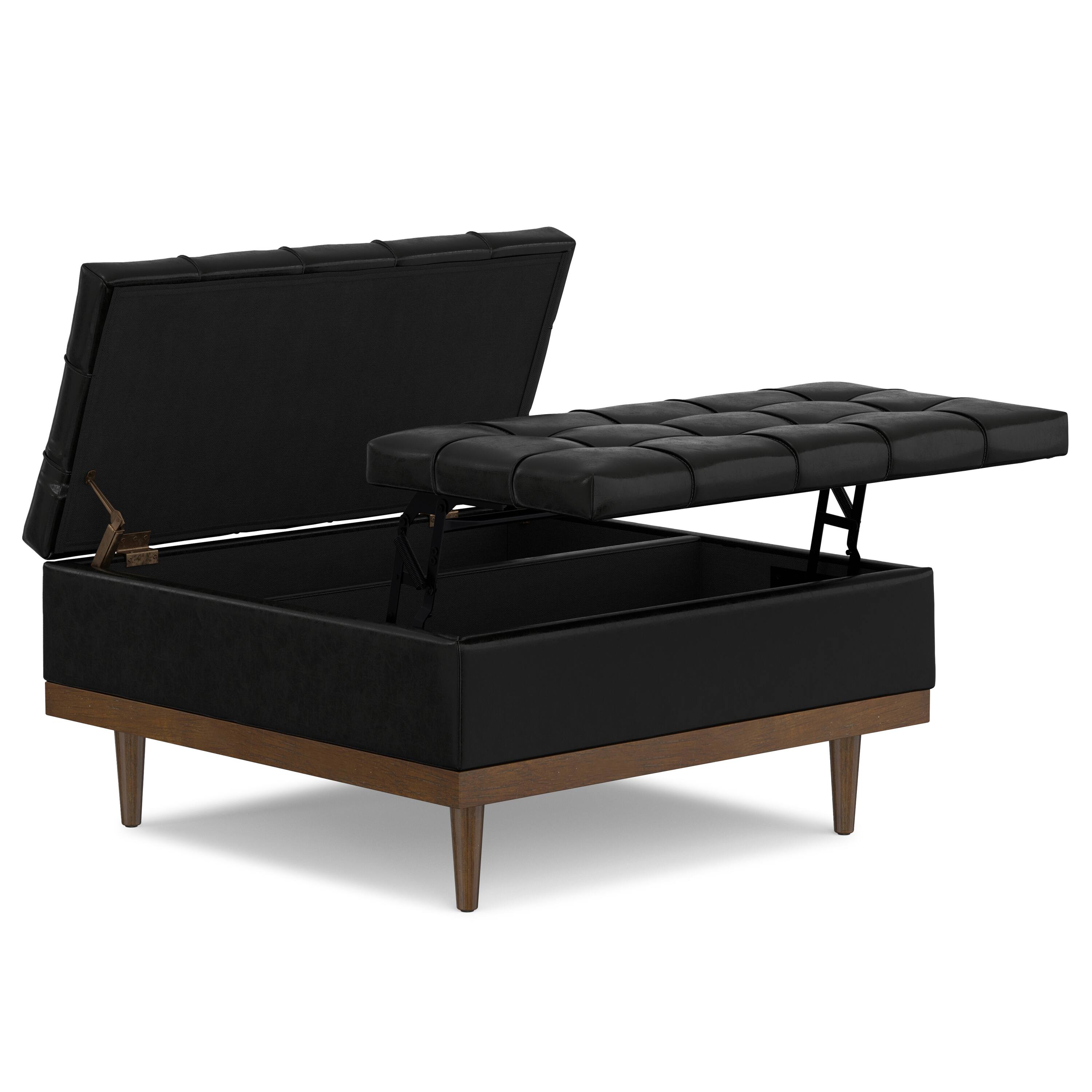 Back. Simpli Home - Mariah 36 inch Contemporary Rectangle Lift Top Table Storage Ottoman in Midnight Black PU Black faux leather, Assembled - Midnight Black.